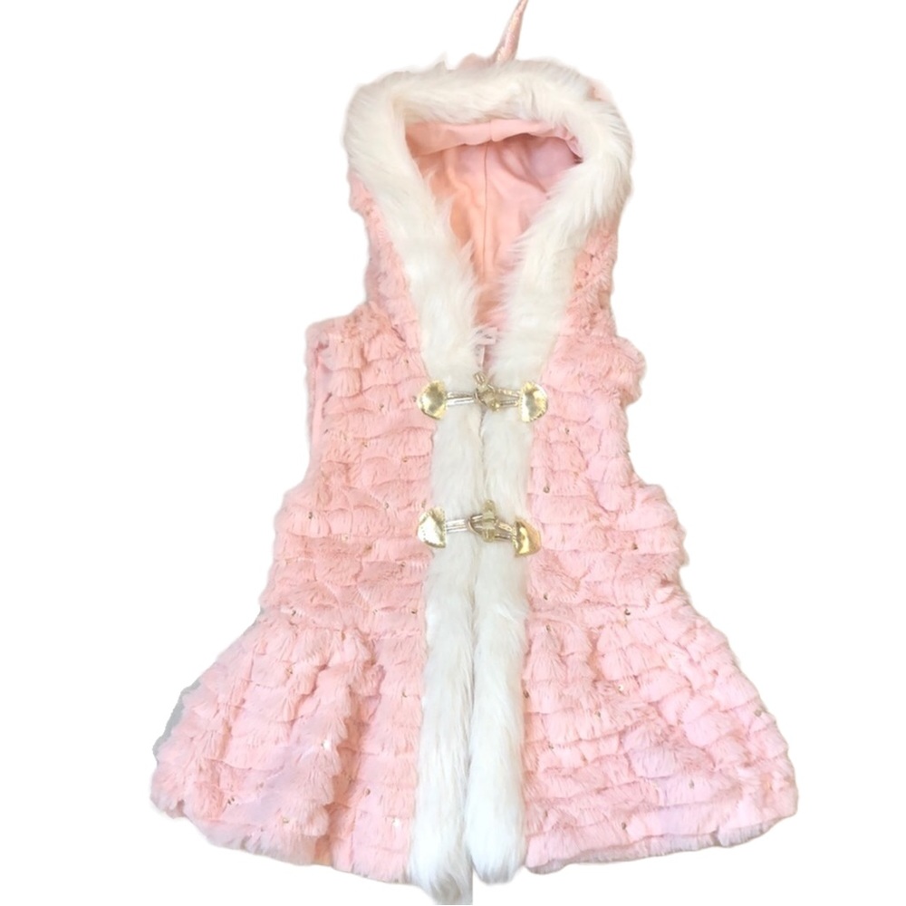 Beautiful Little Lass Unicorn Hood Faux Fur Pink & White Vest